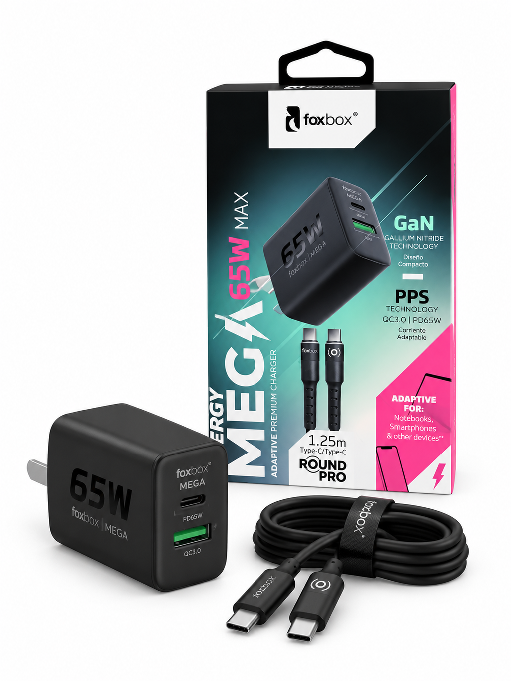 Cargador completo FoxBox mega 3 65w - Tipo C a Tipo C